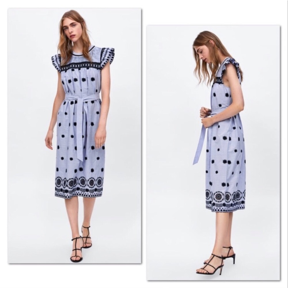 ZARA BLOGGERS FAV EMBROIDERED FLORAL MIDI STRIPED DRESS NEW WITH TAGS XS